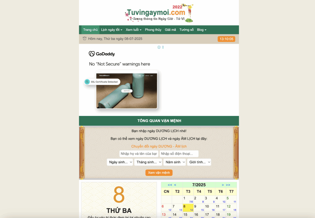 Thiết kế website tuvingaymoi.com – Nền tảng tử vi & phong thủy hiện đại, dễ dùng, thân thiện mobile